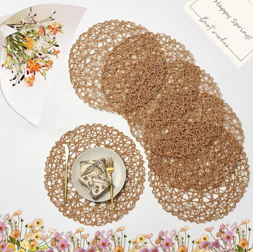 Miniatura 14 de IcosaMro Juego de 6 manteles individuales redondos color beige para mesa de comedor, de 15 pulgadas, tejido de papel, manteles individuales