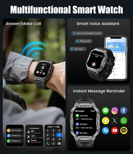 Miniatura 2 de Reloj inteligente militar 2.0" para hombre con linterna, hacer/responder llamadas, 1000 mAh, IP68 impermeable, más de 100 modos deportivos