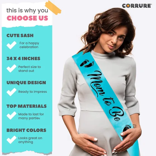 Miniatura 3 de CORRURE Baby Shower Mom to Be Faja para niño o niña – Hermosa cinta azul y texto de aluminio negro – Ideal para revelación de género, regalos