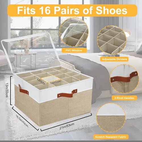 Miniatura 6 de Paquete de 2 organizadores de almacenamiento de zapatos para armario, caja de almacenamiento apilable de zapatos para entrada, armario de Marrón