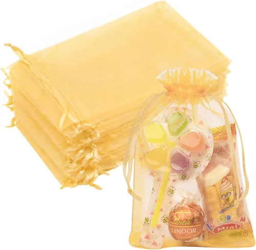 Bolsas de organza de 4 x 6 pulgadas, paquete de 50 bolsas de regalo pequeñas de malla con cordón para dulces, fiestas, bodas, baby shower (dorado)