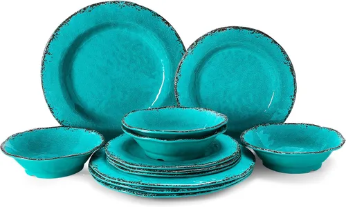 LEHAHA Juego de Vajilla de 12 Piezas de Melamina Vintage Incluye 4 Platos de Cena, 4 Platos de Ensalada y 4 Cuencos, Servicio para 4, Vajilla de