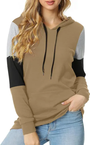 Miniatura 2 de CATHY Sudadera casual con cordón para mujer, manga larga, bloque de color, sudadera con capucha y bolsillo