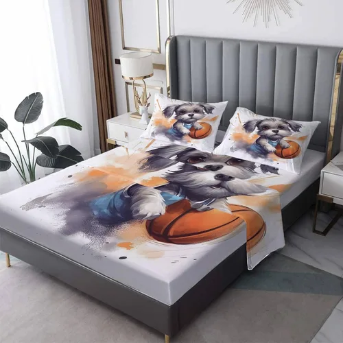 Schnauzer - Juego de sábanas de baloncesto, sábanas y fundas de almohada estampadas, 4 piezas, sábana bajera ajustable de microfibra suave con