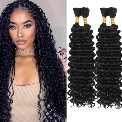Miniatura 13 de Mezcla de cabello humano para trenzar, cabello sintético rizado bohemio para trenzar, trenzas bohemias de 16 pulgadas, 4 paquetes de 110g/paquete