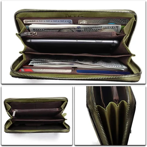 Miniatura 6 de Cartera de cuero genuino con cremallera alrededor de la muñeca bolso largo vintage en relieve de piel de vaca capacidad embrague hecho a mano