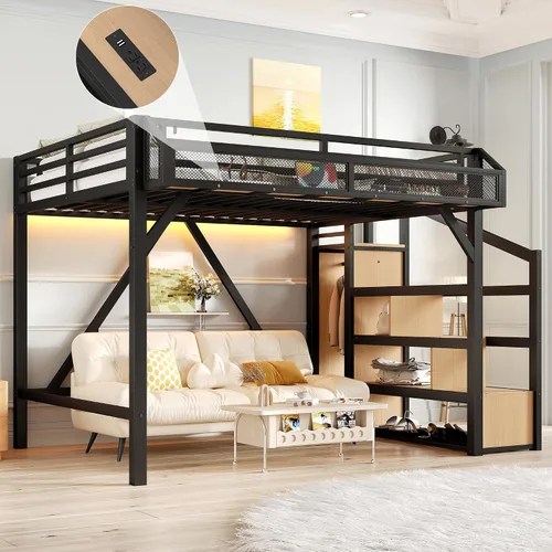 Miniatura 15 de Bellemave Cama tipo loft de metal de tamaño matrimonial con escritorio en forma de L, marco de cama tipo loft con luz LED, estación de carga