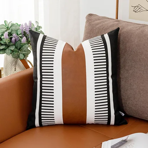 Miniatura 27 de Funda de almohada bohemia de color blanco y negro con piel, funda de cojín moderna de 22 x 22 pulgadas, funda de almohada de rayas estilo campestre