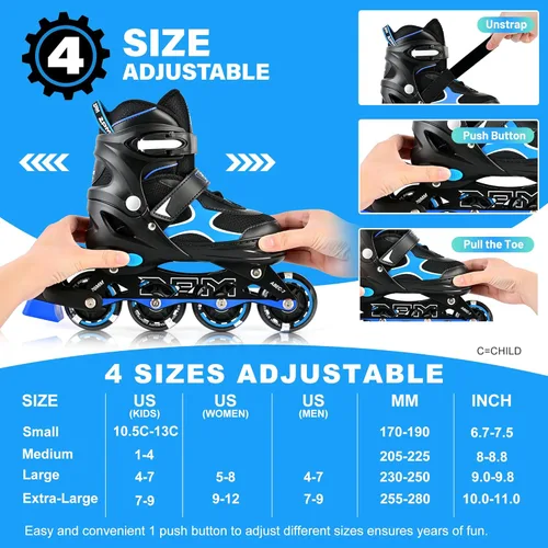 Miniatura 5 de 2PM SPORTS Patines en línea para niños y niñas, niños de 5 a 8 a 12 años, 4 a 6, 6 a 12 años, con ruedas iluminadas, cuchillas ajustables para Azul