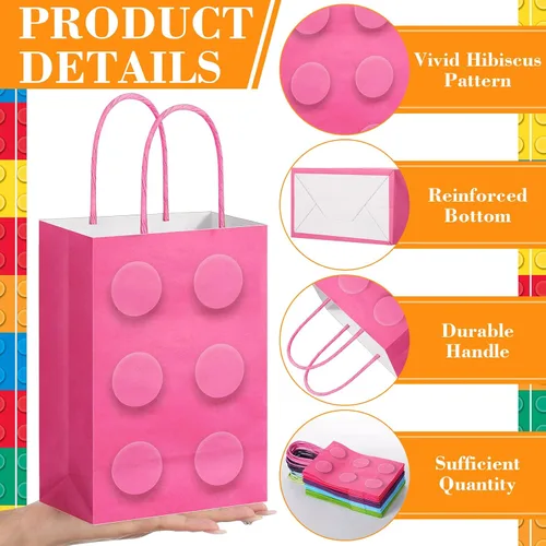 Miniatura 4 de PerKoop 24 bolsas de bloques de construcción, bolsas de papel para dulces de ladrillos, bolsas de regalo de fiesta con asa para niñas, bloques