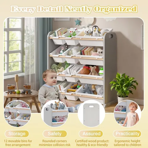 Miniatura 9 de VECELO Estantería para niños con 12 contenedores, estante de madera para juguetes para niños pequeños, almacenamiento de gran capacidad para libros