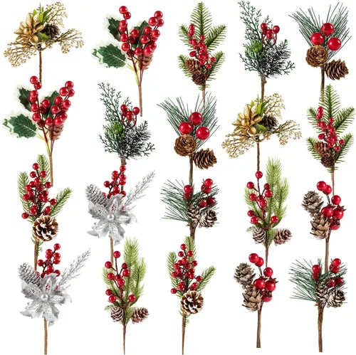Paquete de 20 tallos de púas de bayas rojas de Navidad, 10 estilos de 5 a 11 pulgadas, púas y aerosoles para árbol de Navidad, corona, regalos,