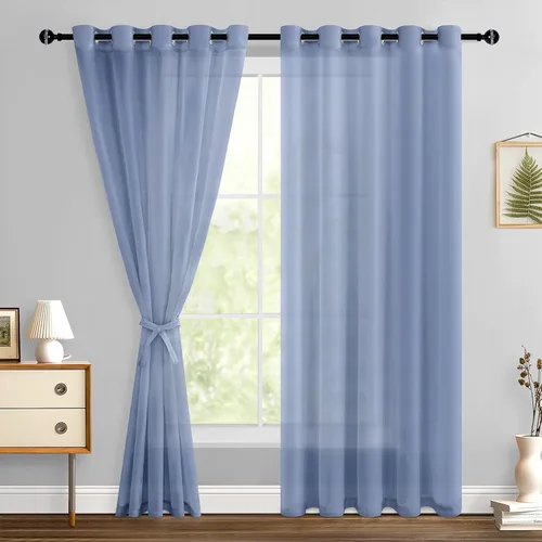 Miniatura 99 de Hiasan - Cortinas traslúcidas de gasa cortas semitransparentes con ojales y alzapaños filtrantes de luz para ventana, dormitorio, baño, 2 paneles