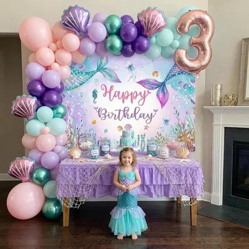 Miniatura 3 de Mocsicka Telón de fondo de cumpleaños de sirena de 7 x 5 pies, decoración de fantasía bajo el mar, decoración para niñas, fondo de fotografía