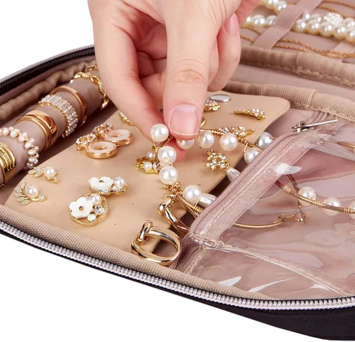 Miniatura 4 de BELALIFE Organizador de joyas de viaje, estuche portátil de almacenamiento de joyas para aretes, anillos, collares, pulseras, color negro