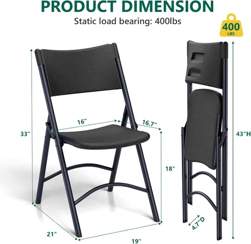 Miniatura 3 de Paquete de 4 sillas plegables, sillas plegables portátiles para exteriores con marco de acero, capacidad de 350 libras, sillas plegables de plástico