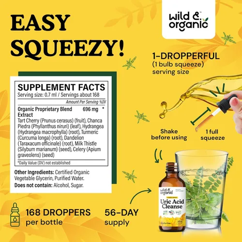 Miniatura 3 de Wild & Organic Gotas líquidas de limpieza de ácido úrico, cereza ácida, cúrcuma, apio, chanca piedra, complejo de extracto de raíz de diente