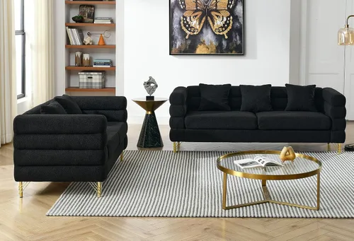 Miniatura 6 de Juego de 2 sofás para sala de estar, cómodo sofá de bouclé con sofá cama y sofá de 3 plazas, sofá tapizado con 2 almohadas y diseño de asiento