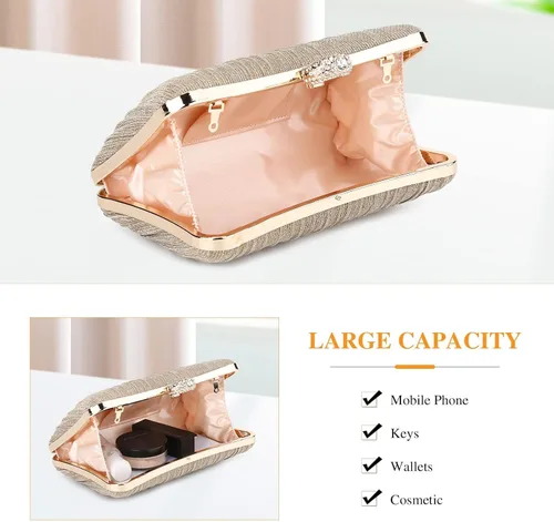 Miniatura 7 de Tanpell Elegante bolso de noche plisado con purpurina para mujer, bolso formal para novia, boda, graduación, cóctel, fiesta, bolsos
