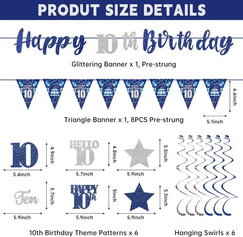Miniatura 2 de Decoración de cumpleaños número 10 azul y plateado para niños y niñas, cartel de feliz cumpleaños número 10, estrellas de diez años, espirales