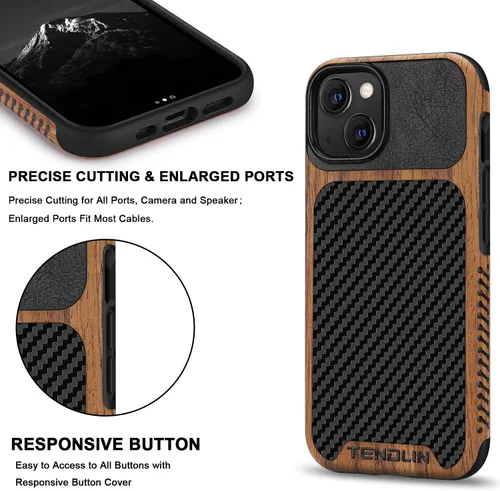 Miniatura 5 de TENDLIN Compatible con iPhone 13 mini - Funda de grano de madera con textura de fibra de carbono, funda híbrida de cuero compatible con iPhone 13