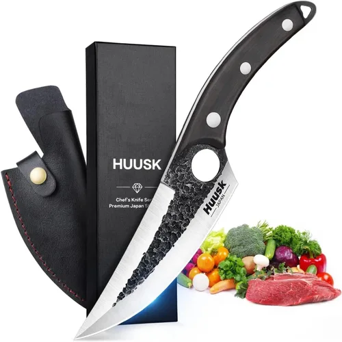 Huusk Cuchillo Vikingo con Vaina Cuchillos para Deshuesar para Cortar Carne, Cuchillos Cavernícola Ultimo Forjados a Mano de Espiga Completa para