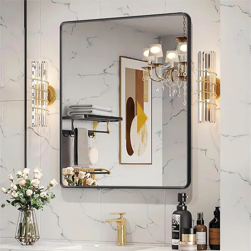 Miniatura 8 de Espejos con marco negro para baño, espejo rectangular de 55 x 30 pulgadas con esquinas redondeadas para pared, espejo de tocador negro mate
