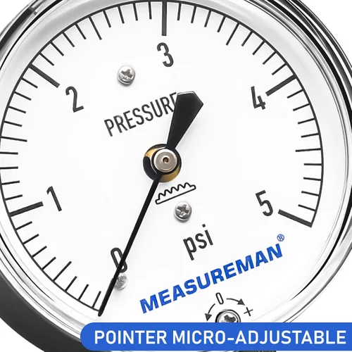 Miniatura 4 de MEASUREMAN Medidor de Presión de Tipo Diafragma en Cápsula de Baja Presión con Válvula, Conexión FNPT de 3/4", Esfera de 2-1/2", Ajustable, 0-5 Psi