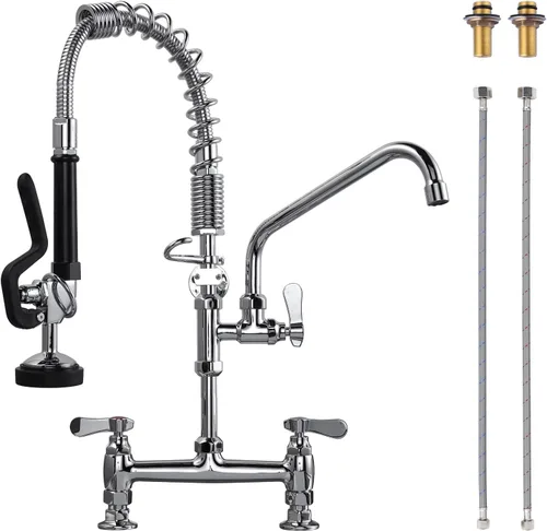 Grifo de Cocina Comercial de Montaje en Cubierta con Rociador de Pre-Enjuague Altura de 21" Grifo de Fregadero de Cocina Centro de 8 Pulgadas con