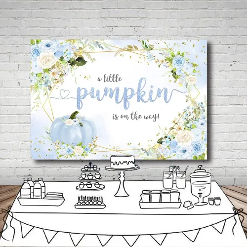 Miniatura 4 de MEHOFOND Telón de fondo de calabaza de otoño de 7 x 5 pies para niño, baby shower, decoración de fiesta de bebé azul floral para bebé, niño