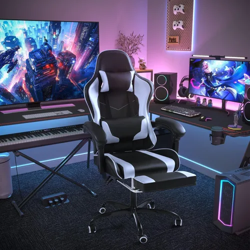 Miniatura 4 de Shahoo Silla de juegos con reposapiés y soporte lumbar de masaje, sillas ergonómicas para computadora giratorias de 360° y asiento ajustable