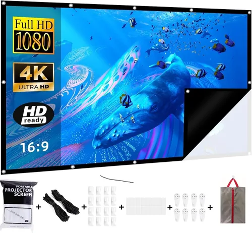 Pantalla de proyección negra de 120 pulgadas, 16:9, portátil, interior y exterior, mate, plegable, 1.1 ganancia, ángulo de visión de 160°,
