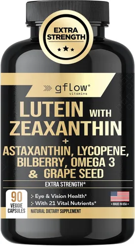 gflow vitamins Suplementos de luteína y zeaxantina, vitaminas avanzadas para los ojos con astaxantina, Omega 3, resveratrol, arándano, licopeno,