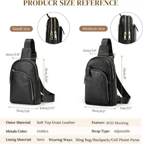 Miniatura 5 de S-ZONE Bolso bandolera para mujer, cangureras de cuero genuino con bloqueo RFID, bolsas cruzadas en el pecho, regalos para mujeres y hombres, Negro