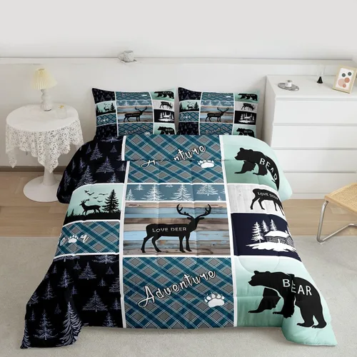 Miniatura 3 de Juego de edredón de oso y ciervo, tamaño individual, ropa de cama de animales salvajes de caza, colcha rústica de cabaña, casa de campo, cuadros