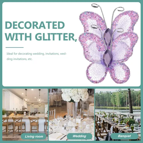 Miniatura 7 de BESPORTBLE 50 mariposas de alambre de malla transparente púrpura con purpurina para decoración de bodas, suministros de manualidades, centros