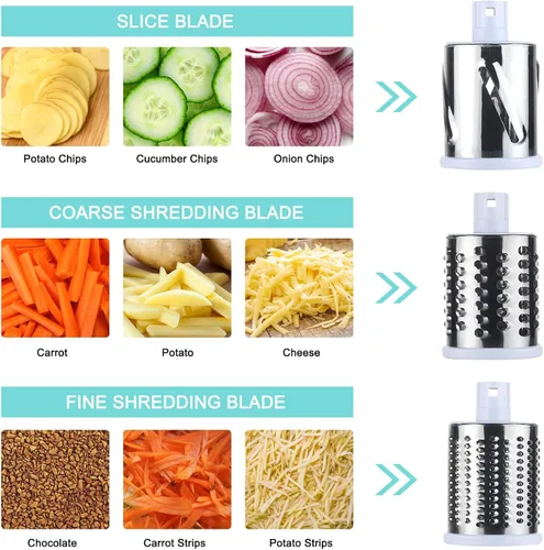 Miniatura 3 de Rallador de queso giratorio manual redondo para verduras, patatas y zanahorias, 3 rallador de queso intercambiable, rebanador de mandolina con base