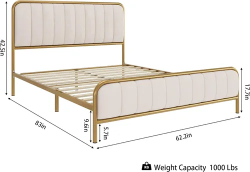 Miniatura 2 de HITHOS Base de cama tamaño individual con cabecera tapizada con botones, base de colchón de metal resistente con listones de madera, fácil