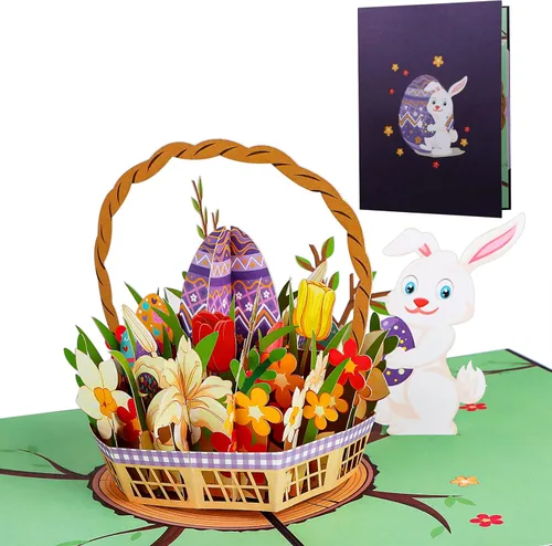 Miniatura 2 de D4DREAM Tarjeta desplegable de Pascua con sobre, 6 x 8 pulgadas, cesta de huevos de Pascua 3D, tarjeta de felicitación de conejo, ramo de flores