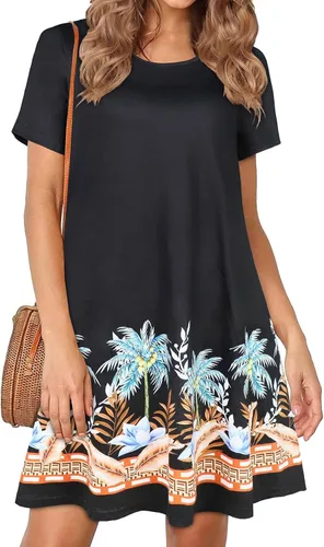 Miniatura 27 de Vestidos de verano para mujer, informales, holgados, estilo camiseta, florales, de manga corta, con vuelo y bolsillos, para la playa