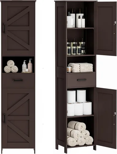 Miniatura 15 de HOMHEDY - Armario alto de 67 pulgadas con 2 puertas tipo granero, 1 cajón, estantes ajustables, unidad estrecha para baño, sala de estar, entrada