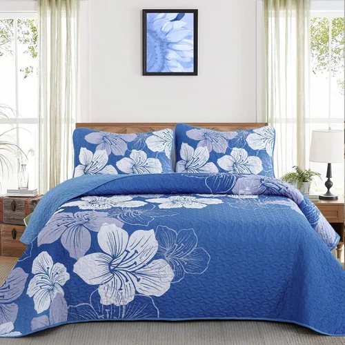 Miniatura 11 de DJY Juego de edredón de 3 piezas, tamaño completo, diseño floral azul, elegante colcha bohemia con 2 fundas de almohada, juego de edredón ligero