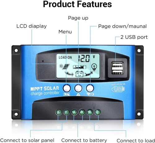 Miniatura 2 de controlador de carga solar MPPT 30A 12V/24V regulador inteligente automático para panel solar con puerto USB doble y pantalla LCD
