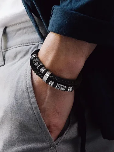 Miniatura 3 de Bandmax Pulseras de Puño de Cuerda de Cera Doble Negra para Hombres Impermeables de Acero Inoxidable Estilo Nórdico Nudo Celta Cuentas Pulsera