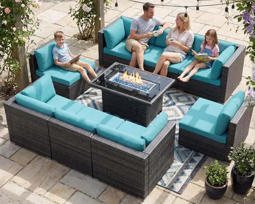Miniatura 124 de NICESOUL Juego de muebles de patio para exteriores de 7 piezas con mesa para hoguera, gas natural y propano convertible, respaldo alto de 29.3