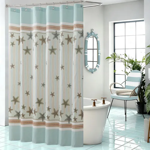 Tremiti Aqua Ocean - Cortina de ducha de poliéster con estrellas de mar a rayas, impermeable, tela con estampado de mar, color verde, para baño, 72