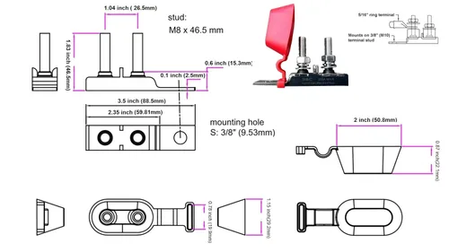 Miniatura 3 de Bloque de fusibles de terminal doble South Bend Components con clasificación marina (MRBF), 300A máx., 58V CC máx., IP 66, protegido contra