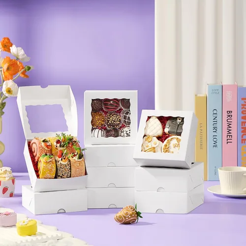 Miniatura 4 de RomanticBaking 51 cajas de panadería de 5 x 5 x 2 pulgadas, cajas de galletas con ventana, cajas de pastelería para macarrones, postres, magdalenas