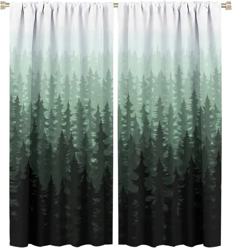 Miniatura 37 de BAEKJIN Cortinas verdes de bosque brumoso, acuarela, naturaleza, paisaje, plantas, árbol, bolsillo para barra, opacas, tratamiento de ventana