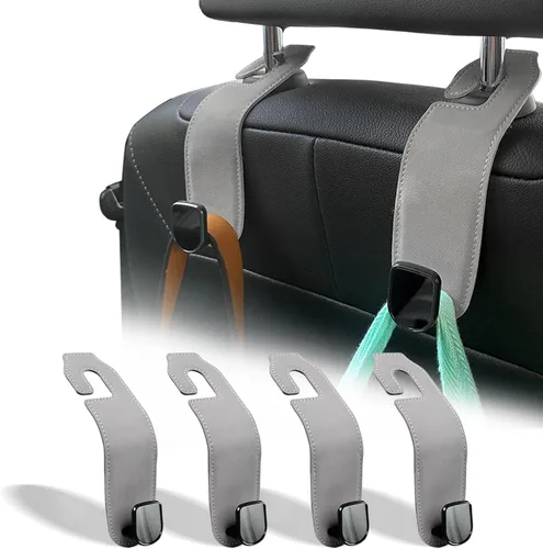 Miniatura 10 de Gancho para reposacabezas de asiento de automóvil, paquete de 2 ganchos de cuero para bolsos y bolsas para colgar accesorios de organización de Negro